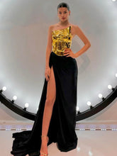 Gold Halter Top Slit Suit Party Dress